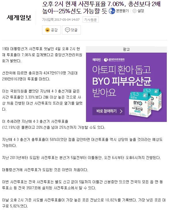 오후 2시 현재 사전투표율 7.06%, 총선보다 2배 높아…25%선도 가능할 듯 | 인스티즈