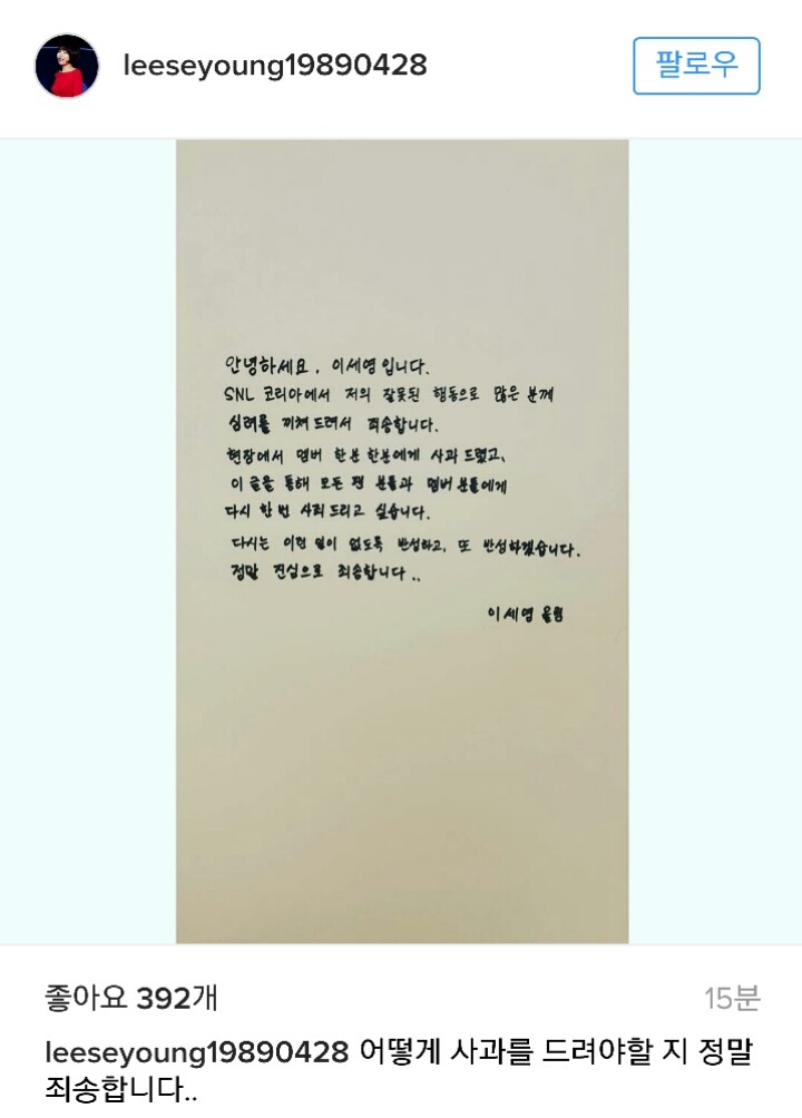 방금자 사과문 올린 이세영 인스타 | 인스티즈